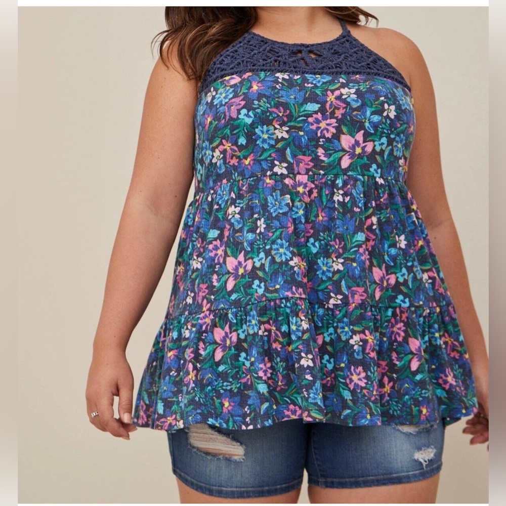 Torrid 3X Textured Jersey Crochet High Neck Tiered Top Tunic Blue Floral